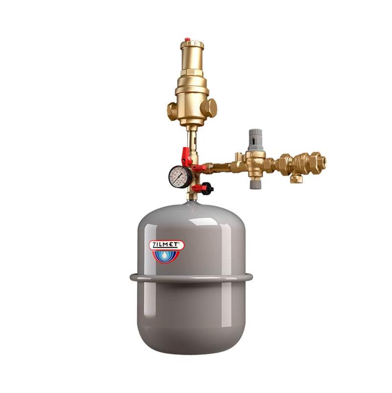 Zilmet boiler trim kit with gray expansion tank, brass deaerator, pressure gauge, and fill valve assembly.