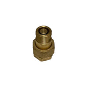 Brass tank union connector with threaded male end and hexagonal body, featuring integrated check valve port on top.