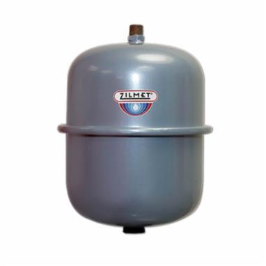 Gray cylindrical hydronic expansion tank with Zilmet logo and brass valve on top.