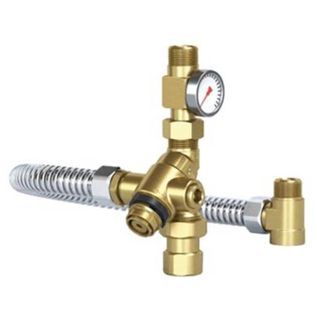 Brass thermostatic mixing valve with temperature gauge, NPT connections, and flexible inlet hoses.