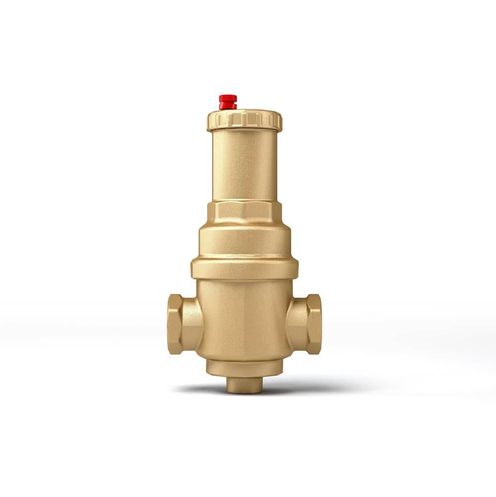 Brass microbubble deaerator with 3/4" sweat connections, red vent cap on top, and side ports.