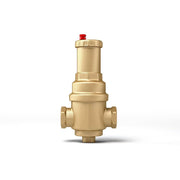 Brass microbubble deaerator with 3/4" sweat connections, red vent cap on top, and side ports.