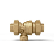 Brass backflow prevention valve with 1/2" NPT threaded connections on both ends and drain port at bottom.