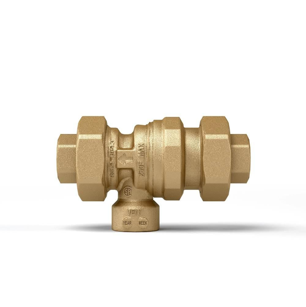 Brass backflow prevention valve with 1/2" sweat connections on both ends and drain port at bottom.