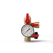 Brass isolation valve with red handles and integrated pressure gauge displaying psi and kPa scales.