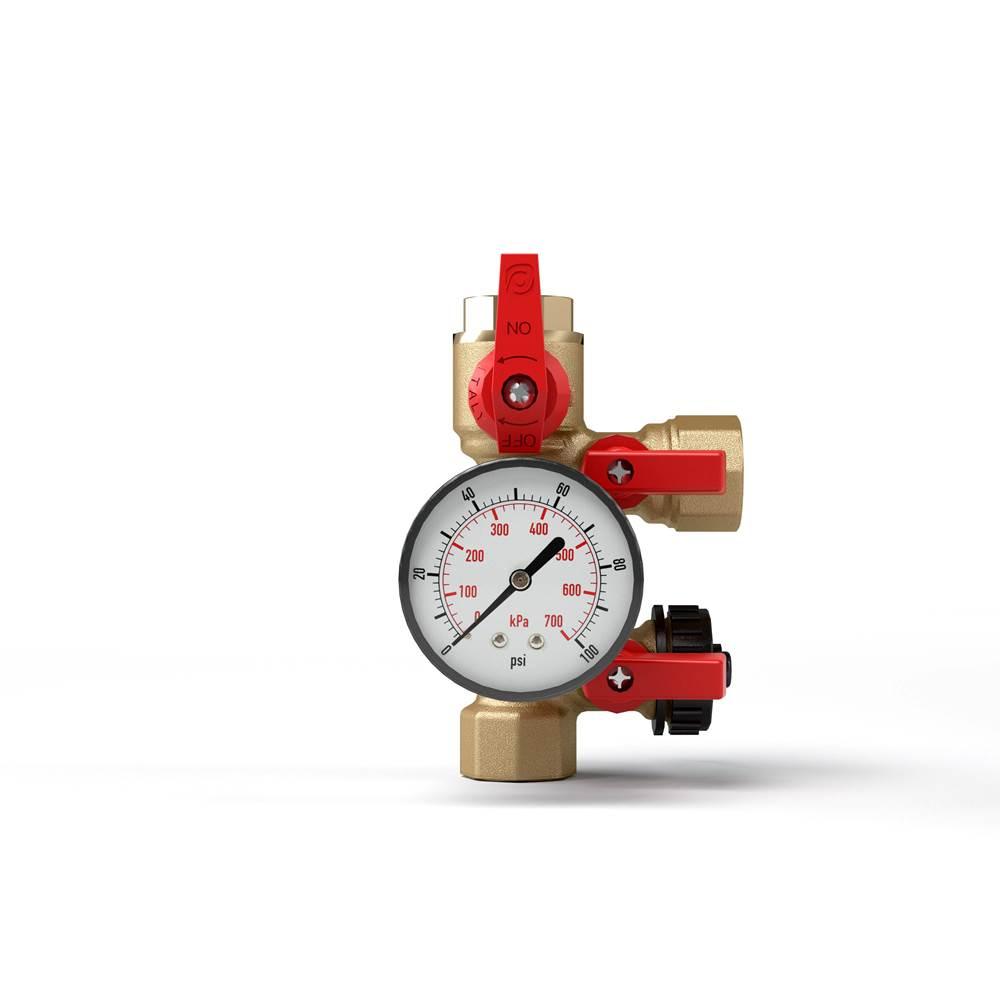 Brass isolation valve with red handles and integrated pressure gauge displaying psi and kPa scales.