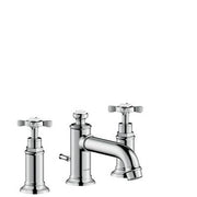 Chrome widespread bathroom faucet with two cross handles and low curved spout.