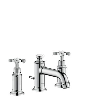 Chrome widespread bathroom faucet with two cross handles and low curved spout.