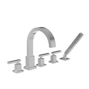 Polished chrome roman tub faucet with high arc spout, two handles, and detachable hand shower spray.