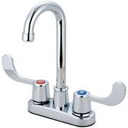Chrome two-handle bar faucet with curved spout and lever handles on rectangular base.