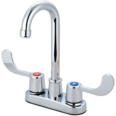 Chrome two-handle bar faucet with curved spout and lever handles on rectangular base.
