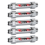 Five silver cylindrical water conditioner units with threaded connections and red ActivFlo branding.