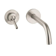 Brushed nickel wall-mount faucet with single lever handle and curved spout.