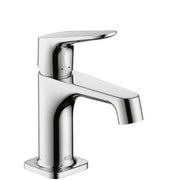 Chrome single-hole bathroom faucet with angular lever handle and curved spout.