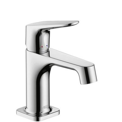 Chrome single-hole bathroom faucet with angular lever handle and curved spout.