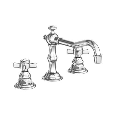 Chrome widespread bathroom sink faucet with two small handles, tall central spout, and curved right-side spout.