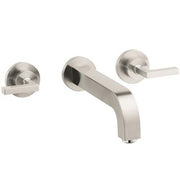 Brushed nickel wall-mount faucet with curved spout and lever handles on circular mounting plates.