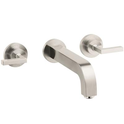 Brushed nickel wall-mount faucet with curved spout and lever handles on circular mounting plates.