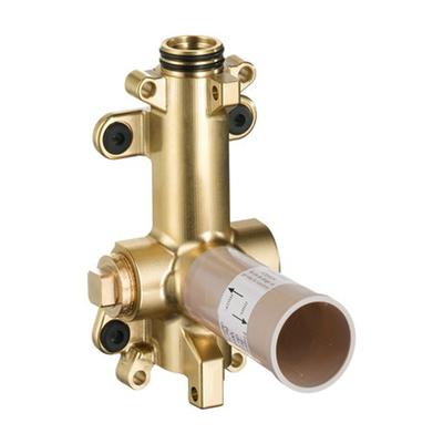 Brass shower valve rough-in body with connection ports and inlet stub for wall mounting.