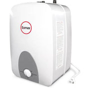 White compact electric water heater tank with Eemax logo, gray front panel, control dial, and attached power cord.