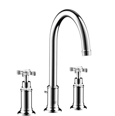 Chrome widespread bathroom faucet with tall curved spout and cross handles on each side.