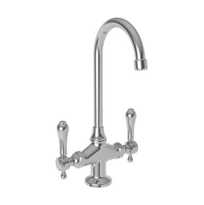 Polished chrome prep/bar faucet with curved gooseneck spout and two lever handles on round base.