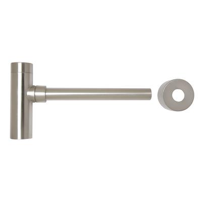 Polished nickel round decorative bottle trap with vertical wall connection and circular escutcheon plate.