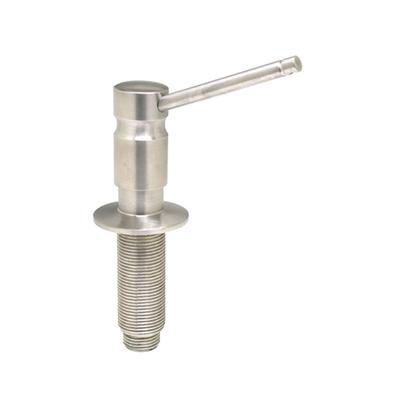 Stainless steel soap dispenser pump with angled spout and threaded mounting base.