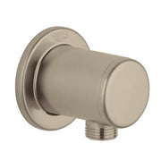 Brushed nickel wall union with cylindrical outlet and circular mounting flange.