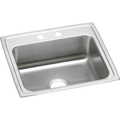 Stainless steel drop-in sink with single bowl, drain, and two pre-drilled faucet holes on rim.