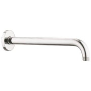 Chrome shower arm with curved end and circular wall mount flange.