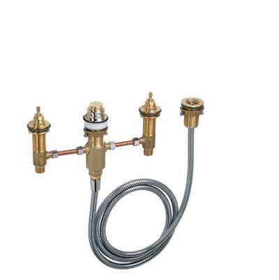 Brass four-hole tub filler valve with connected metal hoses and individual control stems.