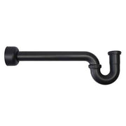 Matte black decorative P-trap pipe with curved and angled sections and cylindrical end caps.