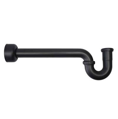 Matte black decorative P-trap pipe with curved and angled sections and cylindrical end caps.