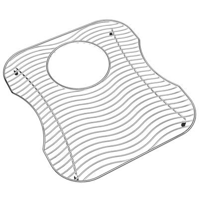 Stainless steel sink bottom grid with parallel slat pattern and circular center opening, corner mounting points visible.