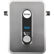 Eemax HomeAdvantage II tankless water heater with digital display, control dial, and inlet/outlet connections on sides.