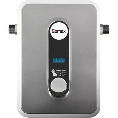 Eemax HomeAdvantage II tankless water heater with digital display, control dial, and inlet/outlet connections on sides.