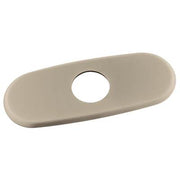 Brushed nickel escutcheon plate with oval shape and single circular opening.