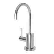 Polished chrome single-handle hot water dispenser with gooseneck spout and lever control on cylindrical base.
