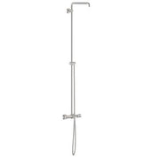 Chrome tub/shower system with overhead rainhead, handheld showerhead, and vertical rail mount.
