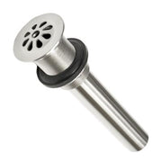 Chrome teardrop drain with perforated cap and threaded metal body against white background.