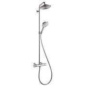 Brushed nickel shower system with overhead rainhead, handheld showerhead, and wall-mounted control valve.