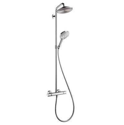 Brushed nickel shower system with overhead rainhead, handheld showerhead, and wall-mounted control valve.
