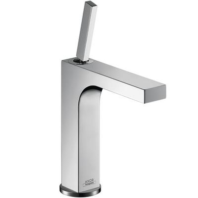 Chrome single-hole bathroom faucet with tall curved spout and rectangular handle.