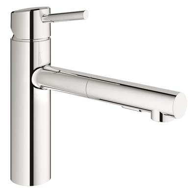 Chrome single-handle kitchen faucet with pull-out spray head and cylindrical spout design.