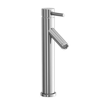 Chrome tall single-hole bathroom sink faucet with linear cylindrical body and angled spout.