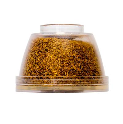 Clear plastic cartridge filled with yellow-brown granulated filter media.