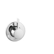 Chrome shower trim valve with circular escutcheon plate and single lever handle.