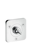 Chrome square shower diverter trim with central lever handle and three function buttons.
