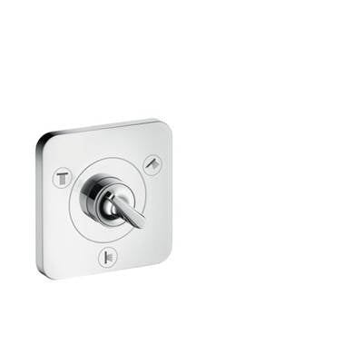 Chrome square shower diverter trim with central lever handle and three function buttons.